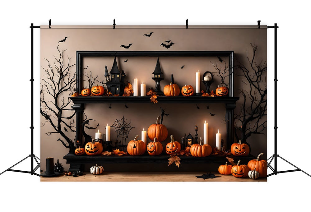 Toile de fond de mur avec citrouilles, bougies et chauves-souris Halloween RR7-489