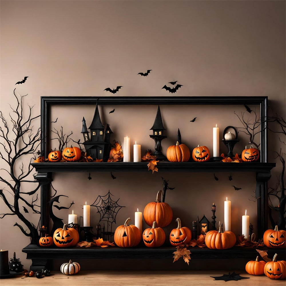 Toile de fond de mur avec citrouilles, bougies et chauves-souris Halloween RR7-489