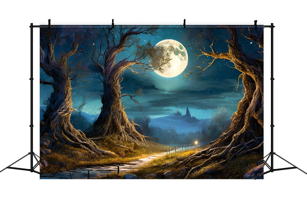 Toile de fond de forêt nocturne avec lune pleine Halloween RR7-490