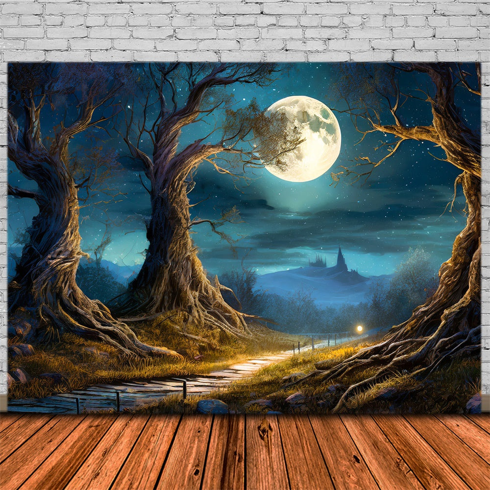 Toile de fond de forêt nocturne avec lune pleine Halloween RR7-490