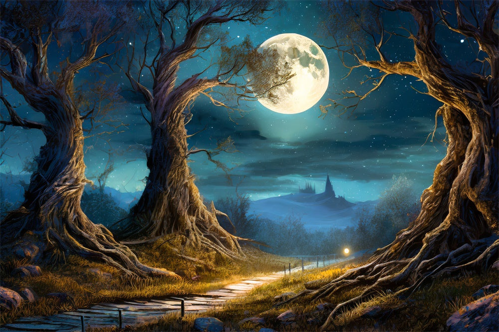 Toile de fond de forêt nocturne avec lune pleine Halloween RR7-490