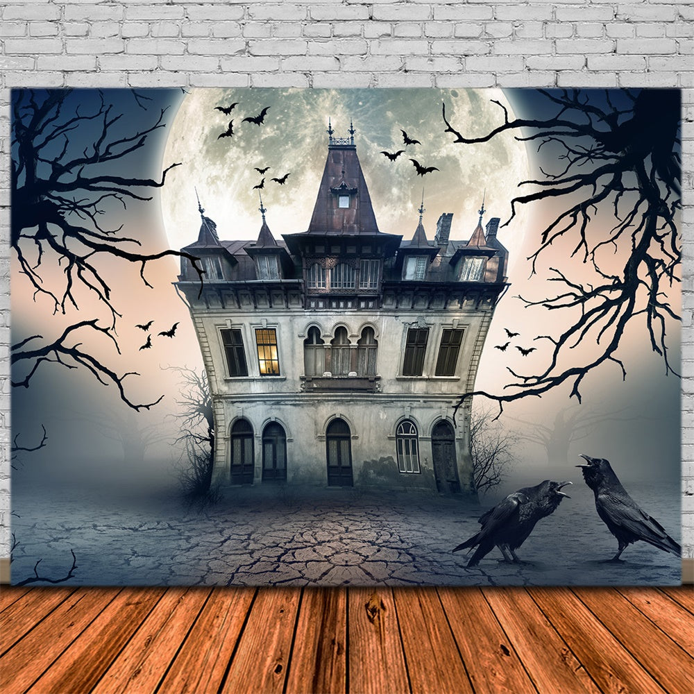 Toile de fond de maison hantée avec lune pleine Halloween RR7-493