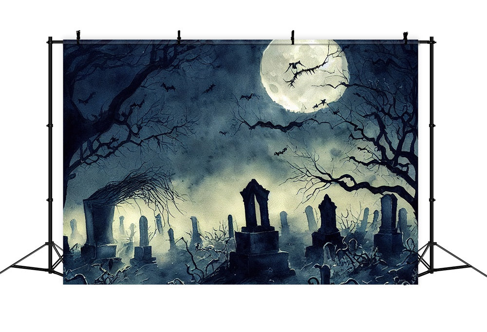 Toile de fond de cimetière avec arbres morts Halloween RR7-495