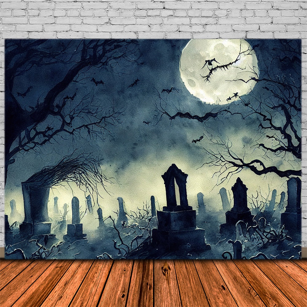 Toile de fond de cimetière avec arbres morts Halloween RR7-495