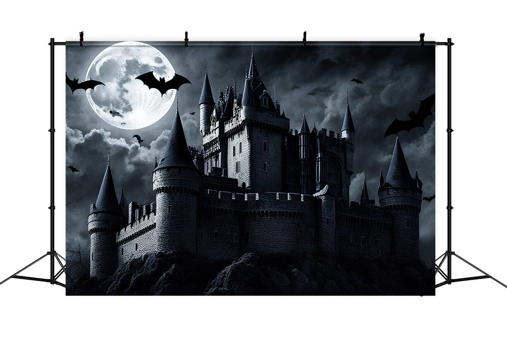 Toile de fond de château sombre avec lune pleine Halloween RR7-500