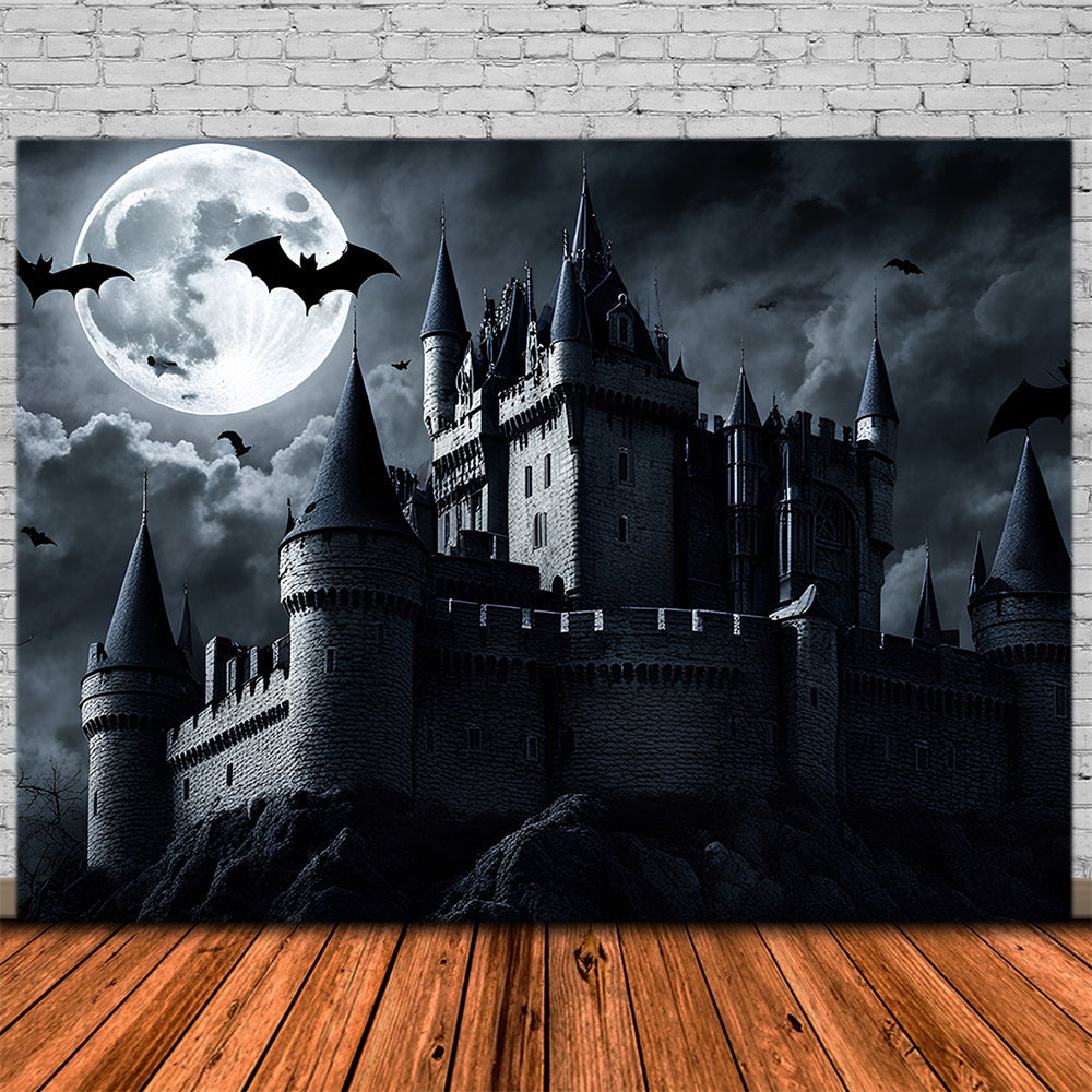 Toile de fond de château sombre avec lune pleine Halloween RR7-500