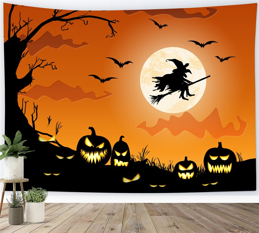 Toile de fond de citrouille maléfique avec sorcière au crépuscule Halloween RR7-504