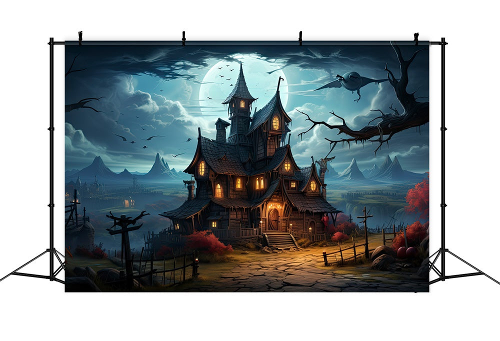 Toile de fond de maison hantée avec lune nocturne Halloween RR7-510