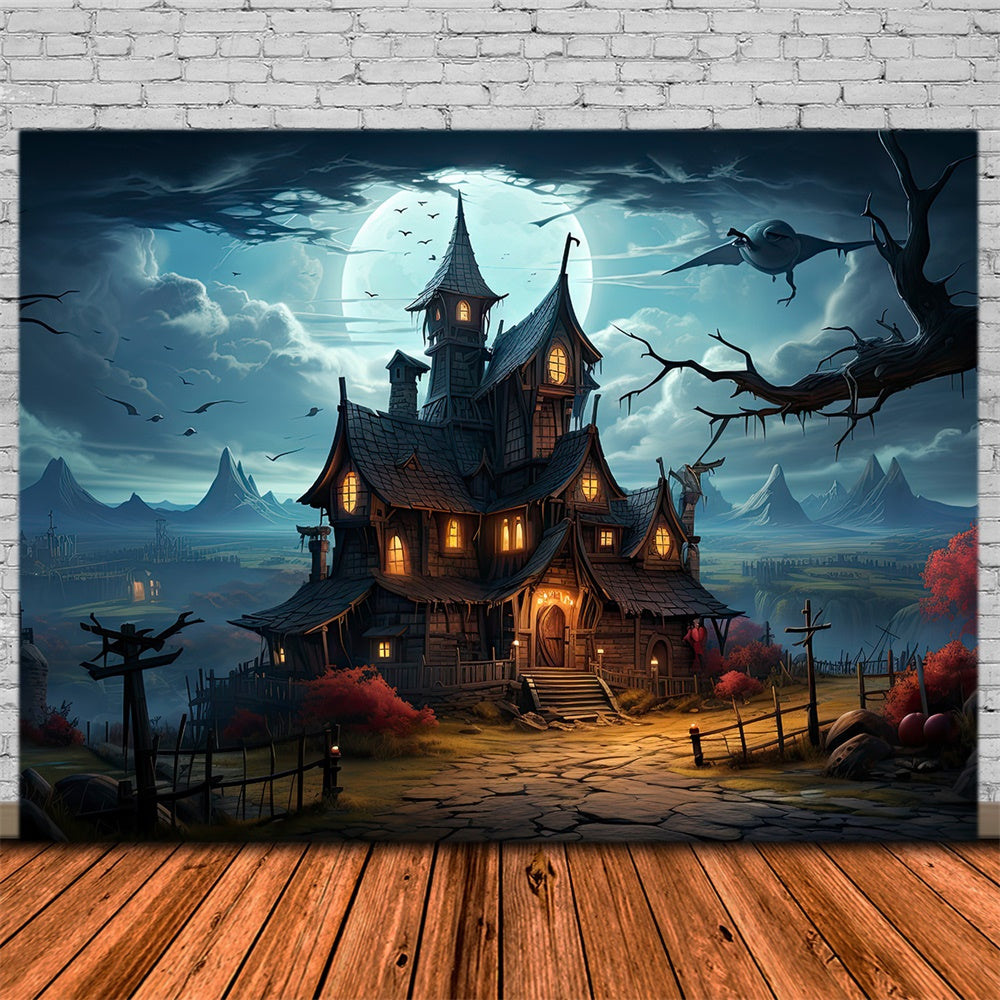 Toile de fond de maison hantée avec lune nocturne Halloween RR7-510