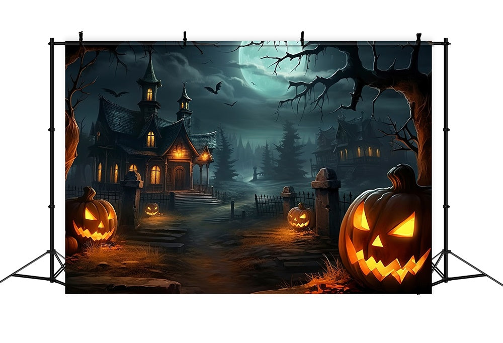 Toile de fond de maison effrayante avec citrouilles dans la forêt Halloween RR7-512