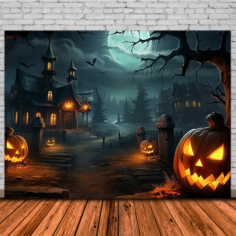 Toile de fond de maison effrayante avec citrouilles dans la forêt Halloween RR7-512