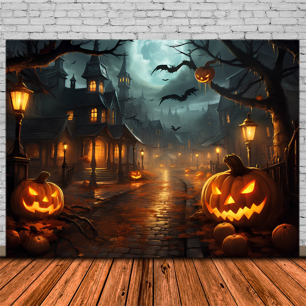 Toile de fond de ville nocturne effrayante avec citrouilles Halloween RR7-513