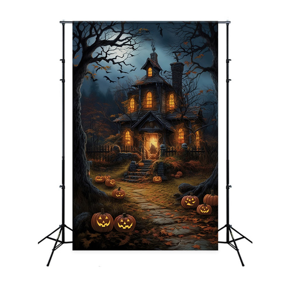 Toile de fond de forêt nocturne avec maison effrayante Halloween RR7-517