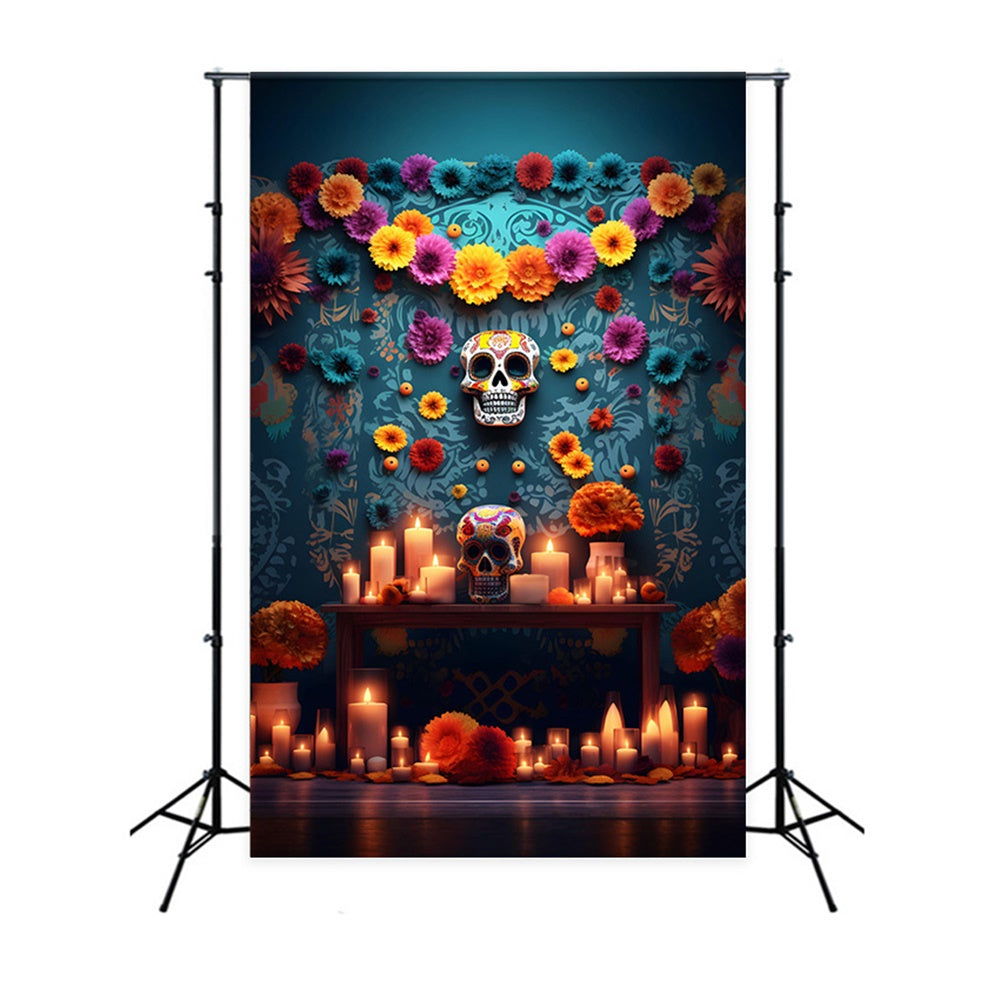 Toile de fond de mur avec crâne fleurs et bougies effrayantes Halloween RR7-520