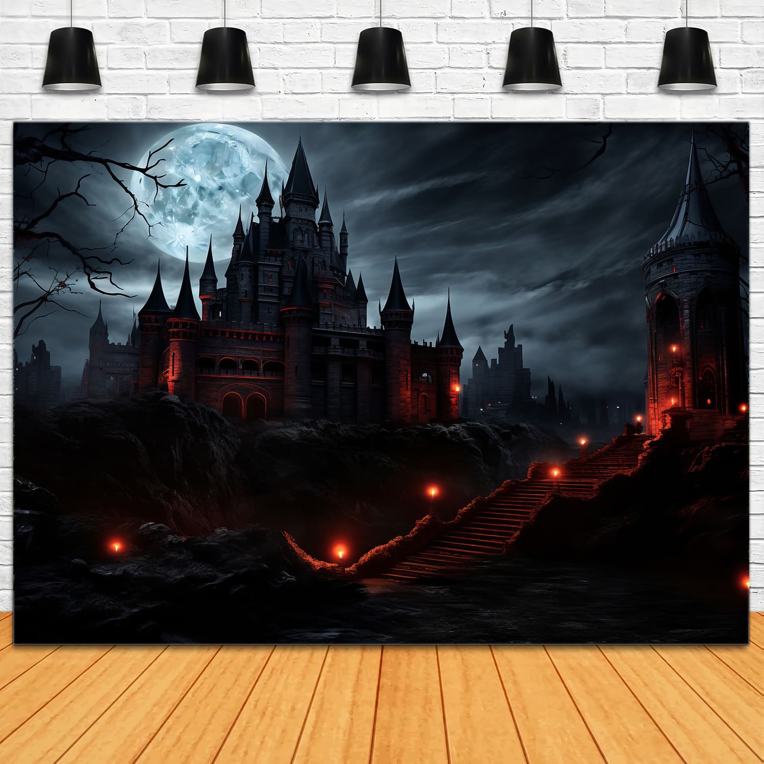 Toile de Fond de Château Mystérieux de Nuit Éclairée par la Lune d'Halloween RR7-53