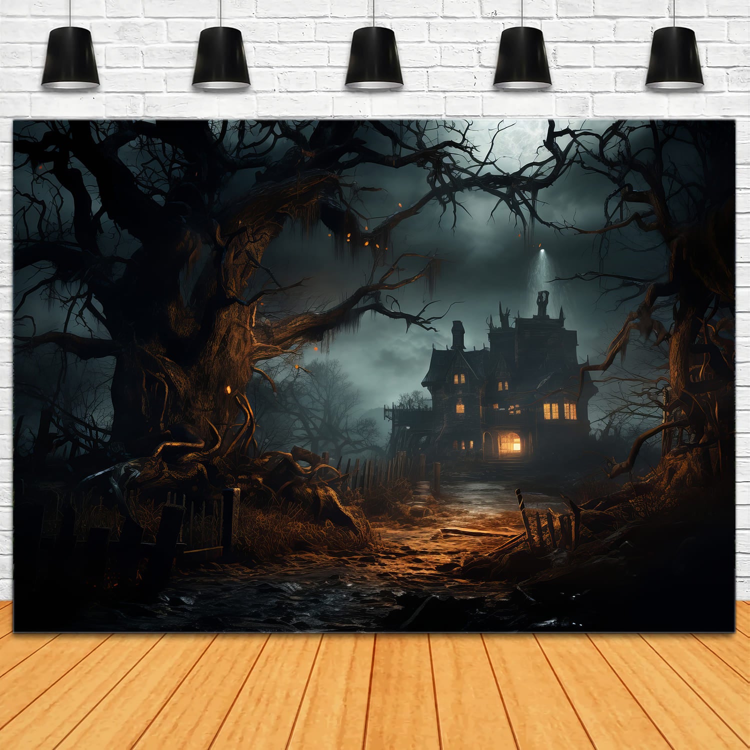 Toile de Fond de Maison Effrayante avec Arbre Desséché d'Halloween RR7-60