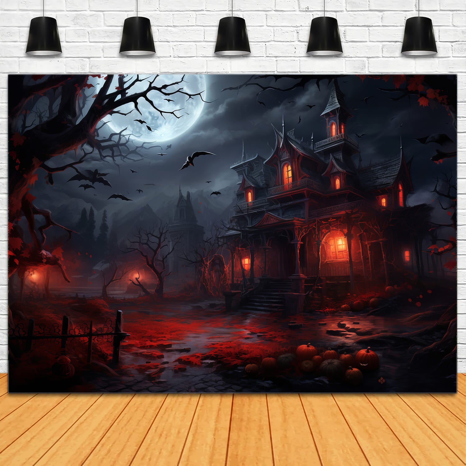 Toile de Fond de Maison Effrayante avec Lune de Nuit d'Halloween RR7-61