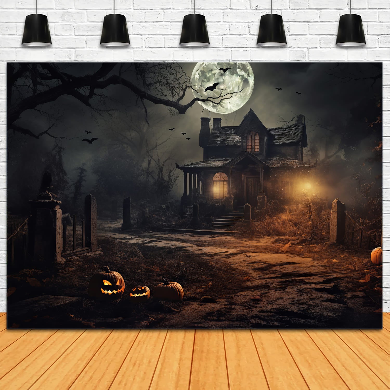 Toile de Fond de Chauves-Souris dans la Forêt Éclairée par la Lune de Nuit d'Halloween RR7-65