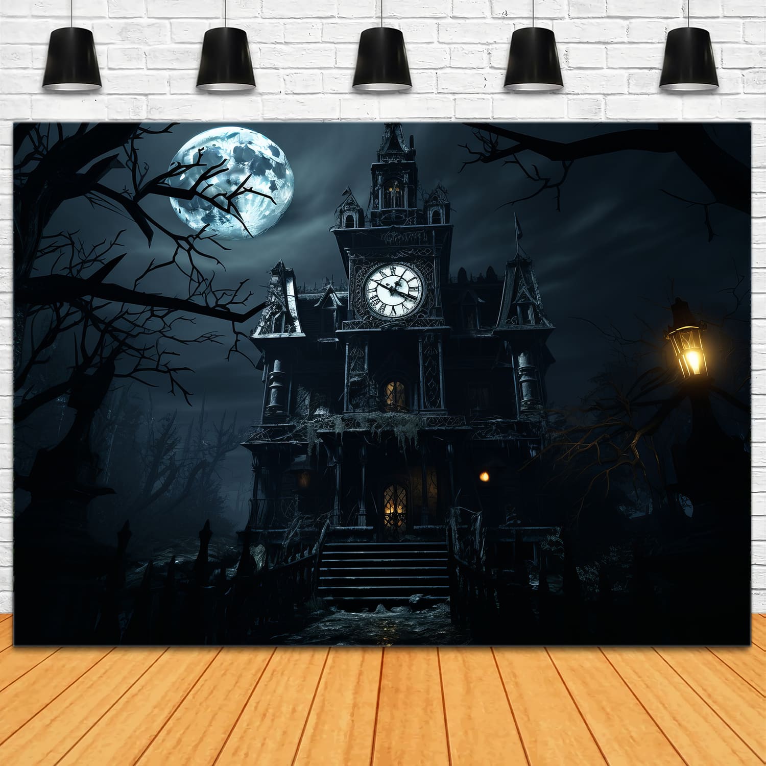 Toile de Fond de Manoir Hanté à Minuit avec Lune d'Halloween RR7-67