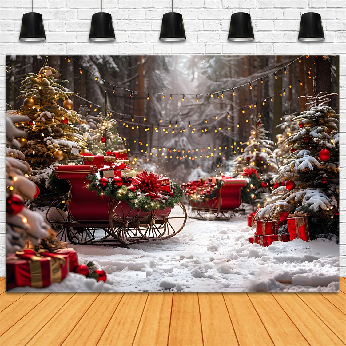 Toile de fond de Noël Traîneaux et Lumières en Forêt Enneigée RR7-680