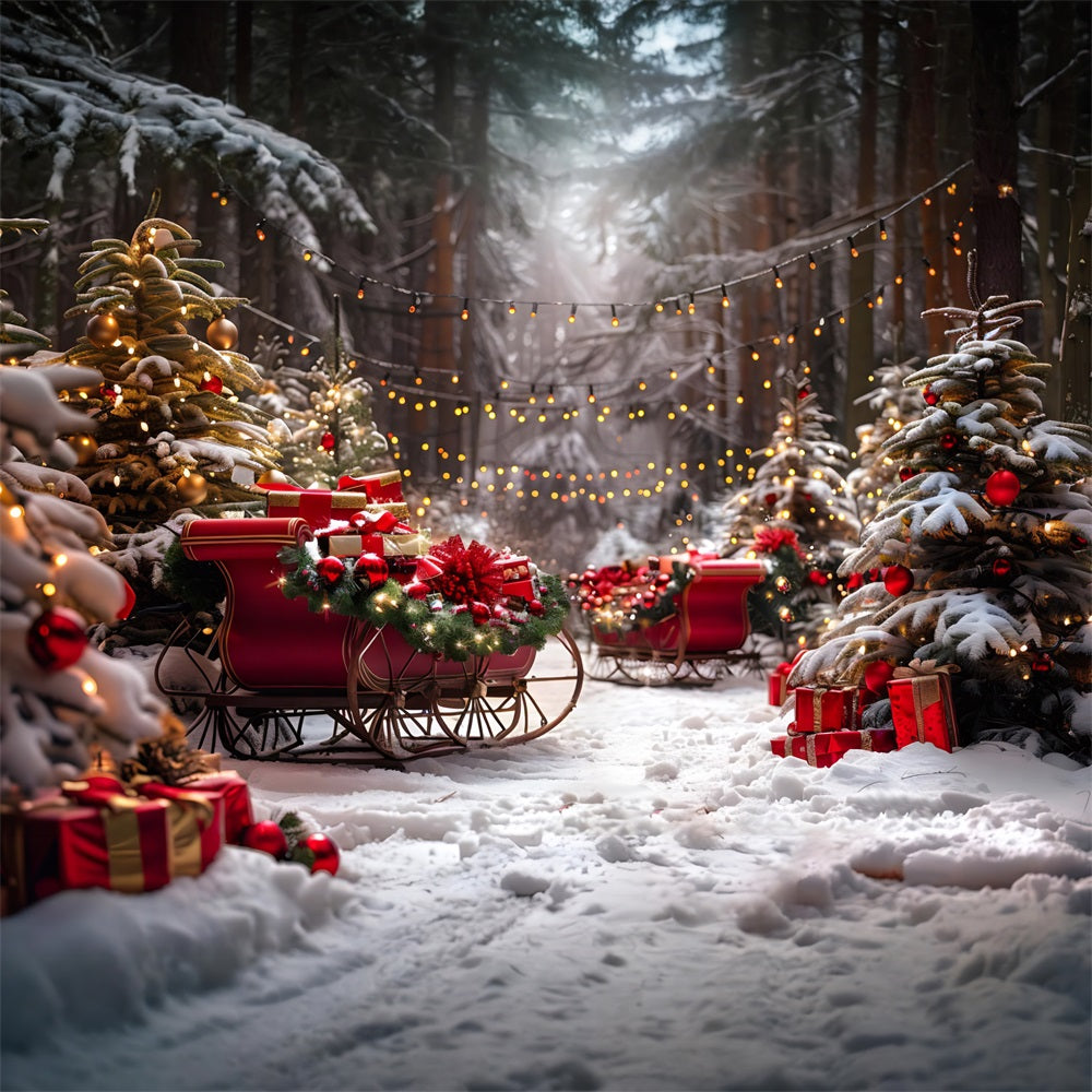 Toile de fond de Noël Traîneaux et Lumières en Forêt Enneigée RR7-680