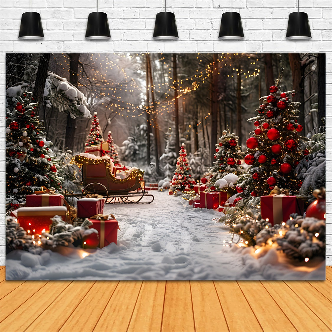 Toile de fond de Noël Traîneau et Arbres Chargés de Cadeaux RR7-682