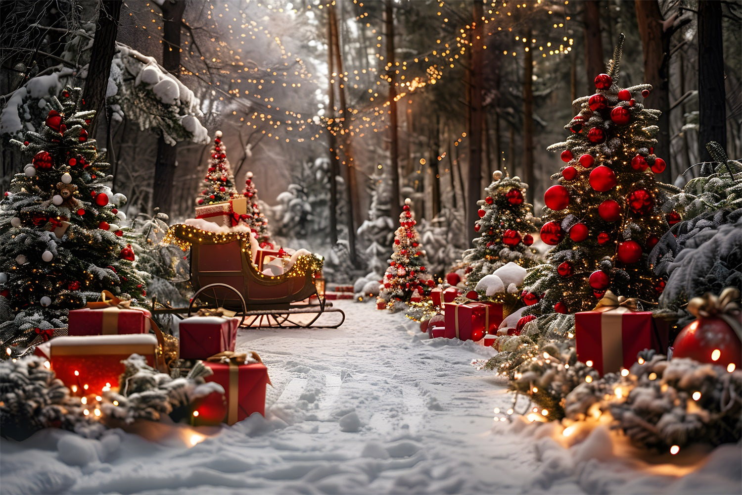 Toile de fond de Noël Traîneau et Arbres Chargés de Cadeaux RR7-682