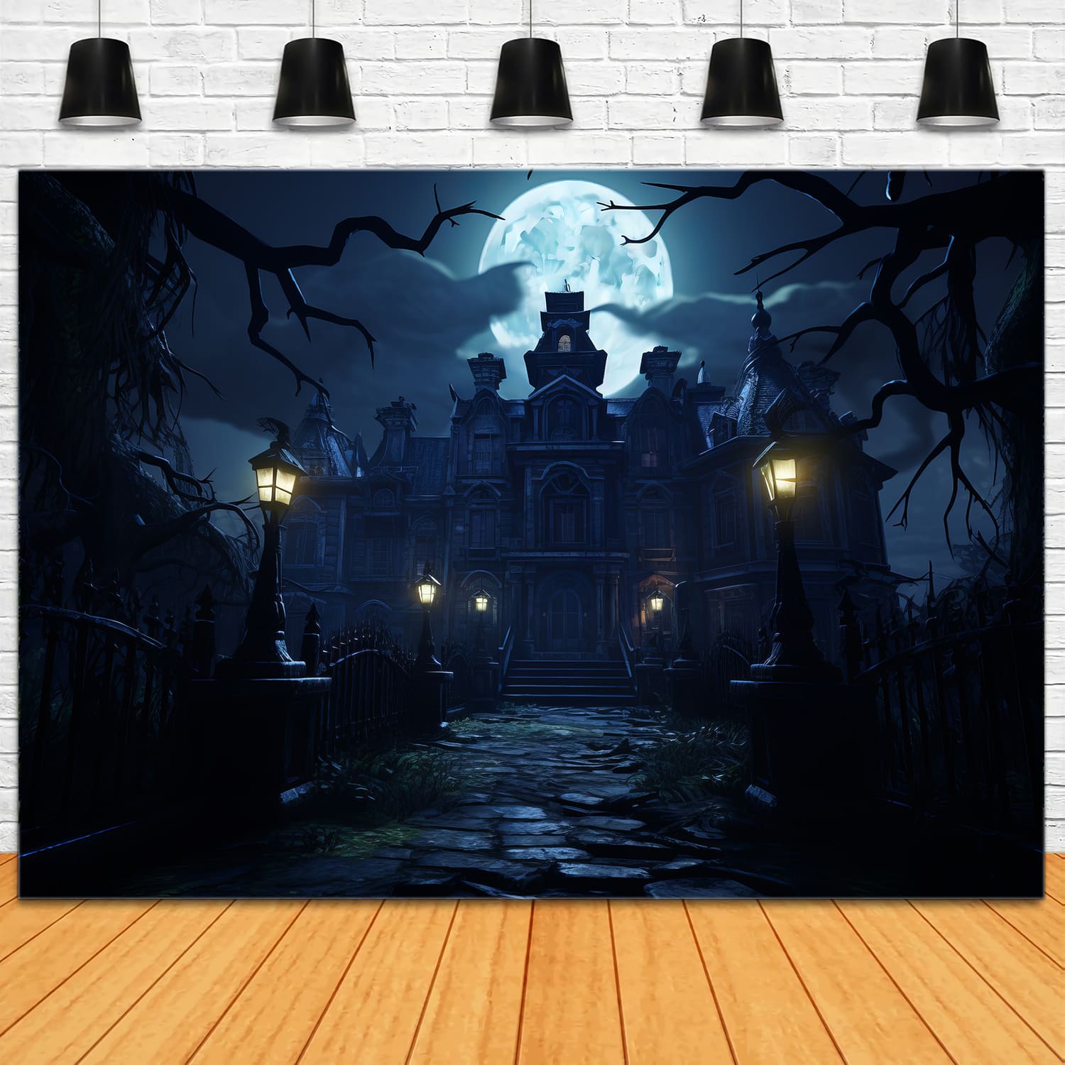 Toile de Fond de Manoir Effrayant avec Pleine Lune d'Halloween RR7-69