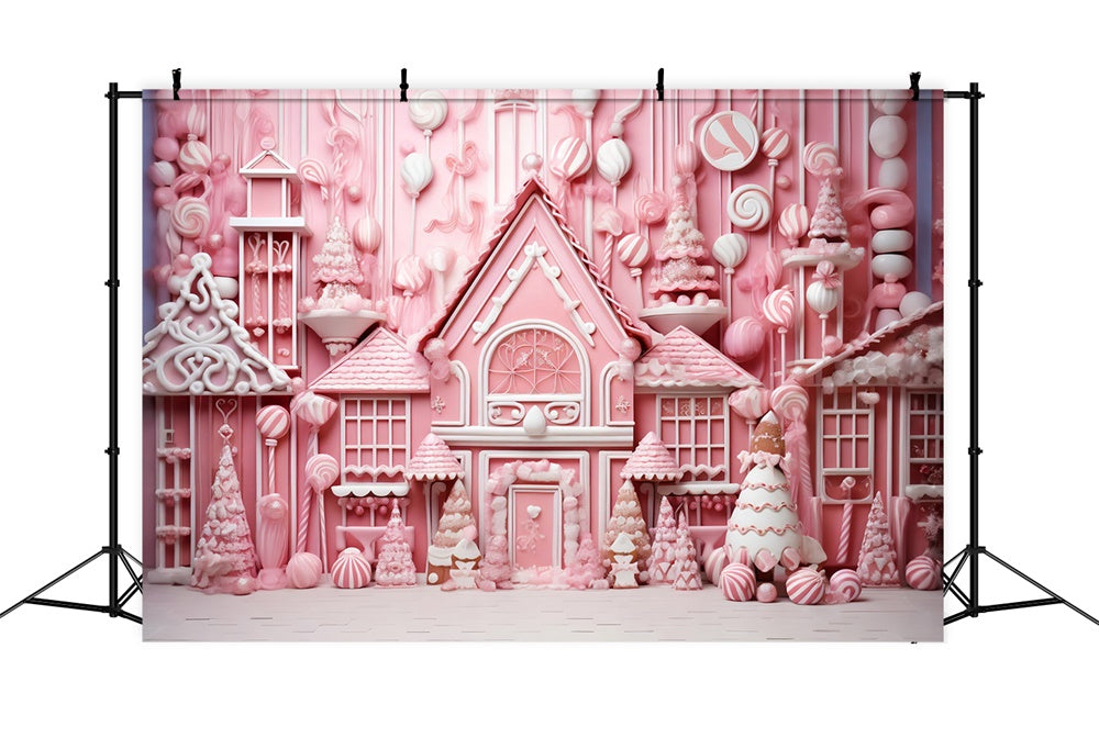 Toile de fond de Maison en Pain d'Épice Rose et Bonbons de Noël RR7-714