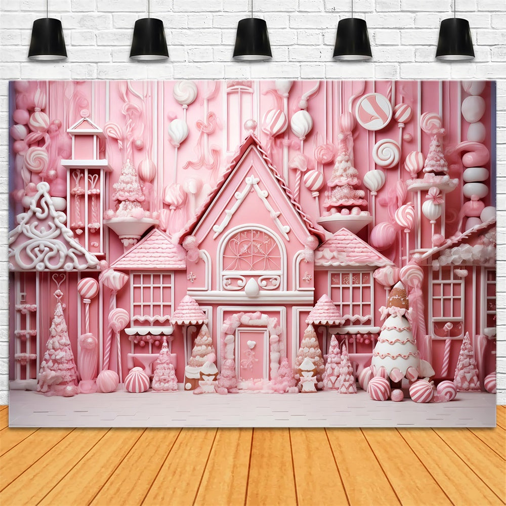 Toile de fond de Maison en Pain d'Épice Rose et Bonbons de Noël RR7-714