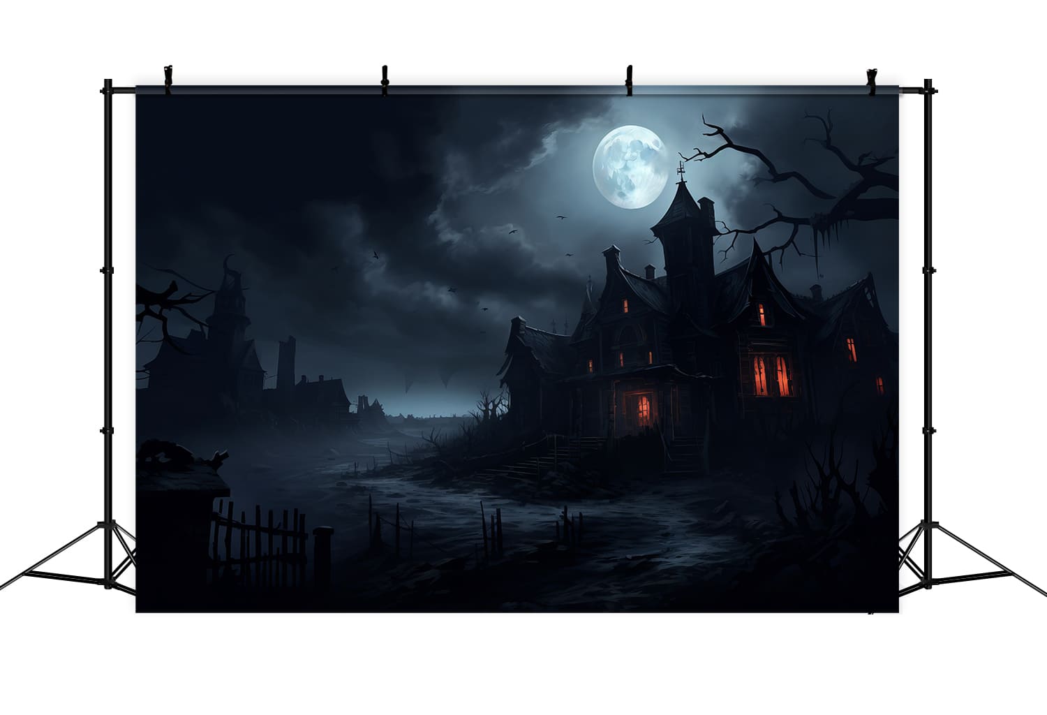 Toile de Fond de Photographie de Maison Effrayante avec Lune d'Halloween RR7-72