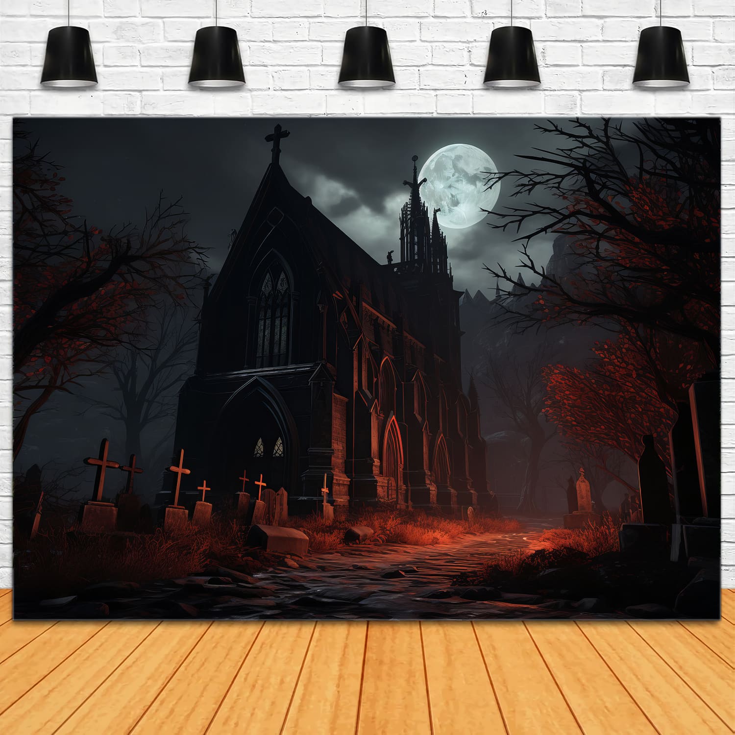 Toile de Fond de Château Gothique avec Pleine Lune d'Halloween RR7-75