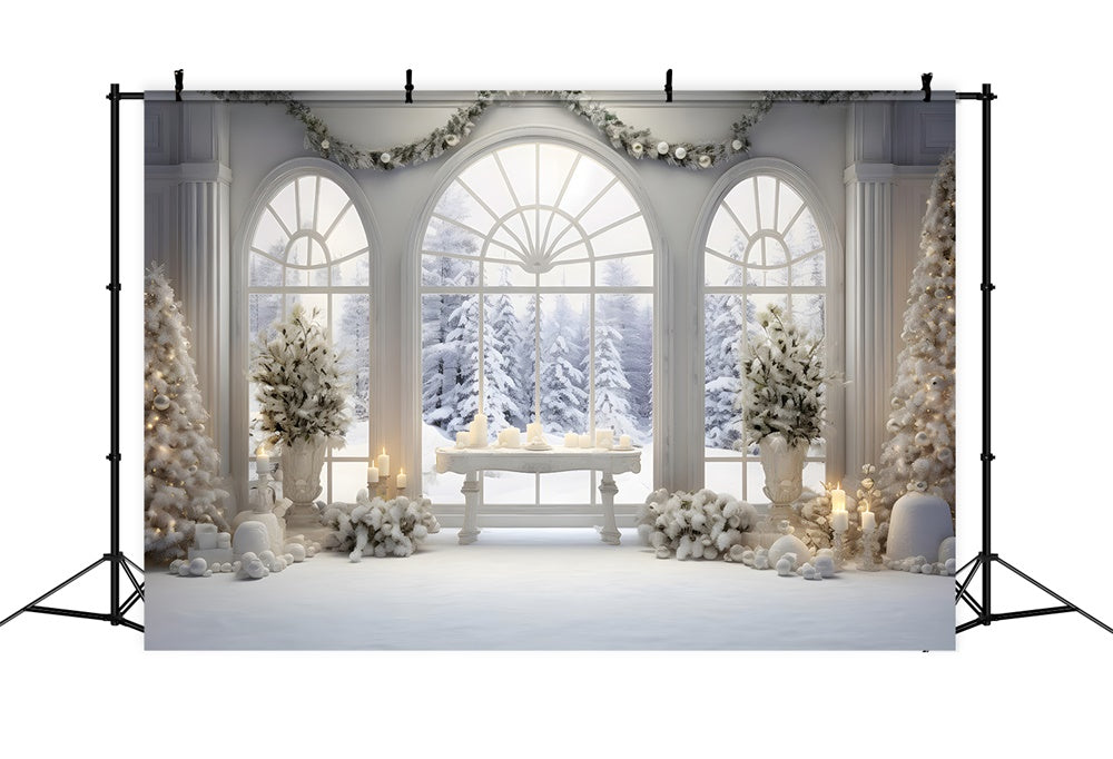 Toile de fond de Fenêtre avec Arbres de Sapin Neigeux de Noël RR7-779