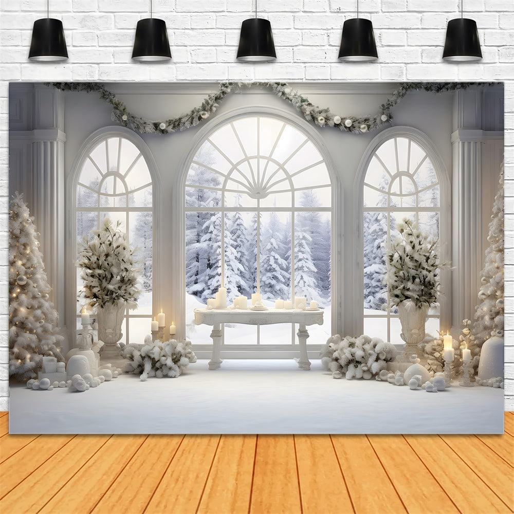 Toile de fond de Fenêtre avec Arbres de Sapin Neigeux de Noël RR7-779