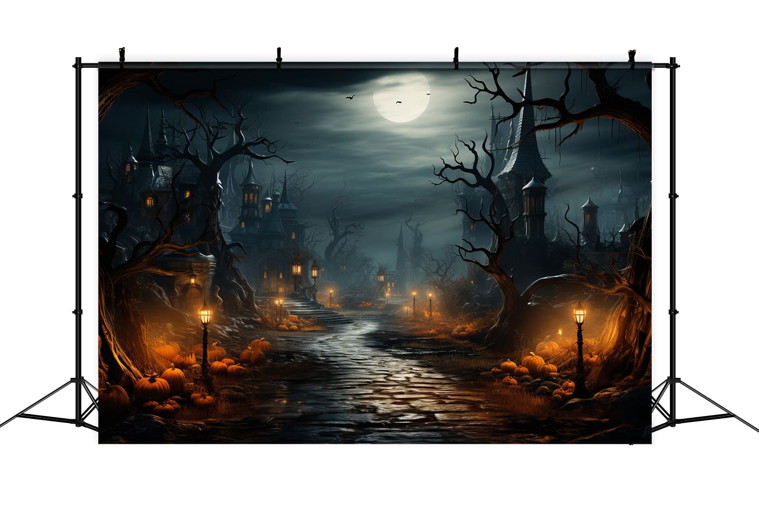 Toile de Fond de Photographie de Nuit avec Citrouilles et Lune d'Halloween RR7-82