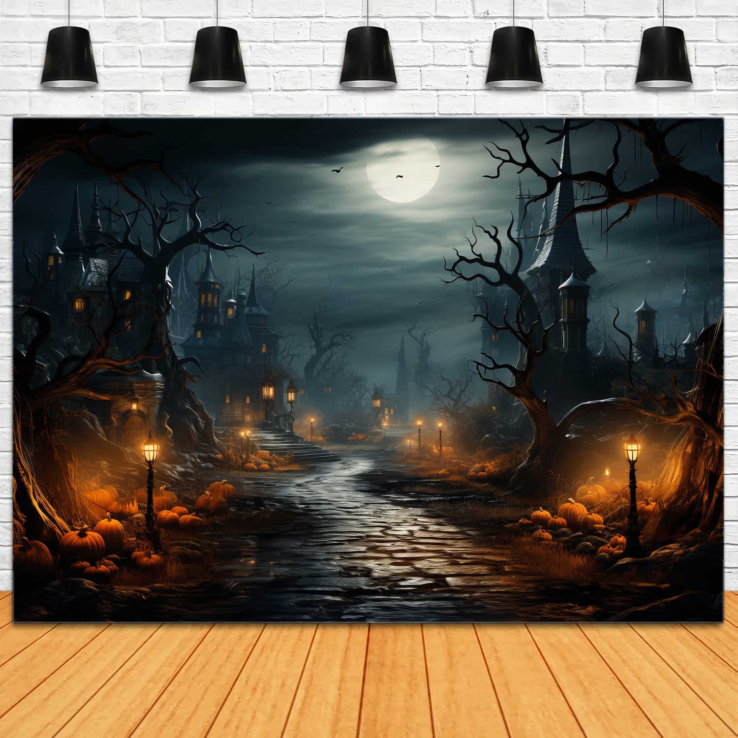 Toile de Fond de Photographie de Nuit avec Citrouilles et Lune d'Halloween RR7-82