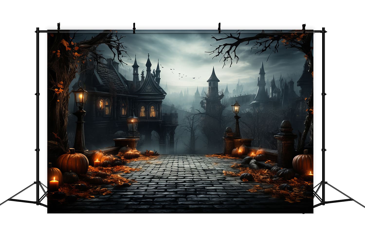 Toile de Fond de Lanternes Citrouilles de Château Effrayant d'Halloween RR7-83