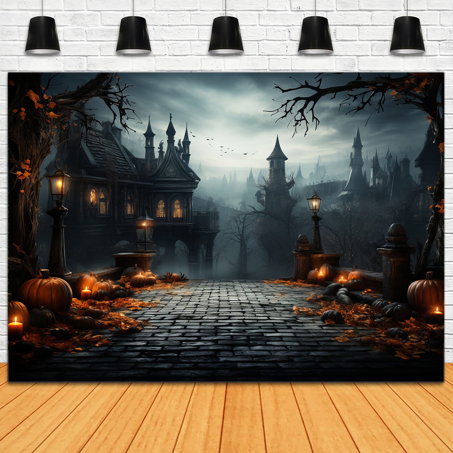 Toile de Fond de Lanternes Citrouilles de Château Effrayant d'Halloween RR7-83