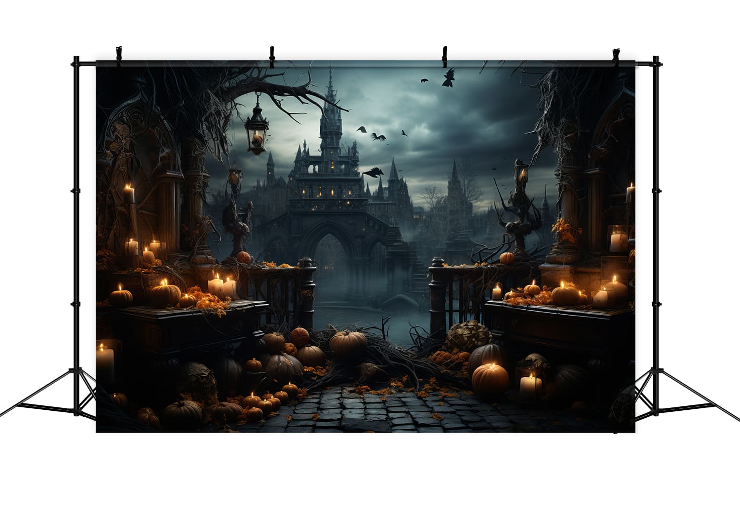 Toile de Fond de Citrouilles et Chauves-Souris de Château Gothique d'Halloween RR7-87