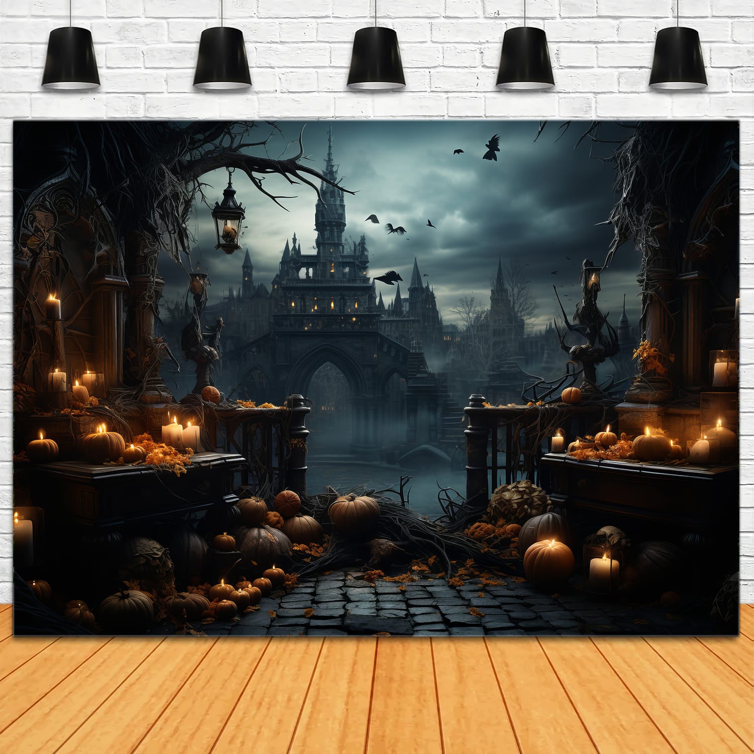 Toile de Fond de Citrouilles et Chauves-Souris de Château Gothique d'Halloween RR7-87