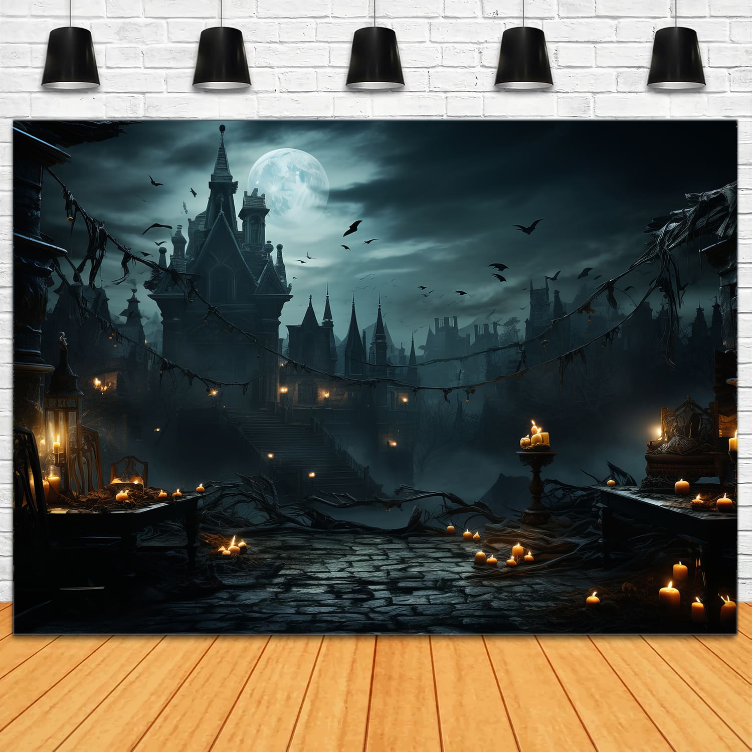 Toile de Fond de Bougies de Château Hanté d'Halloween RR7-89