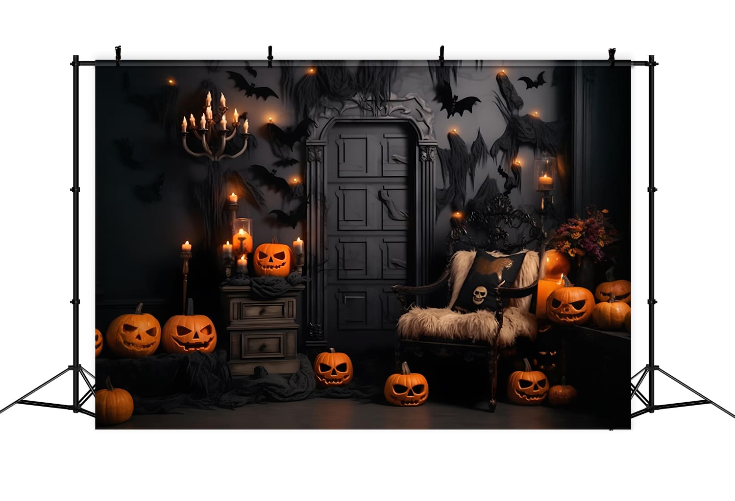 Toile de Fond de Photographie de Citrouilles et Chauves-Souris d'Halloween RR7-98