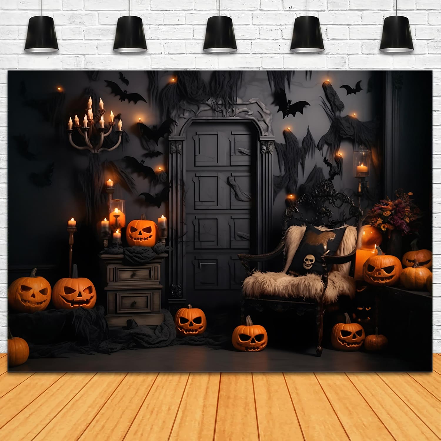 Toile de Fond de Photographie de Citrouilles et Chauves-Souris d'Halloween RR7-98