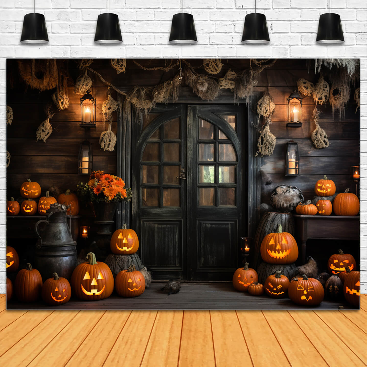 Toile de Fond de Citrouilles de Maison en Bois d'Halloween RR7-99