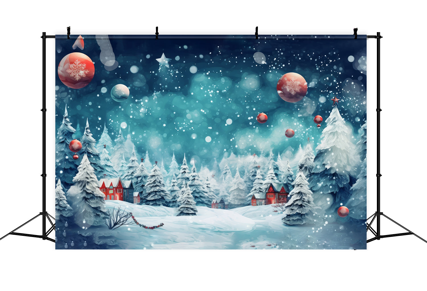 Toile de Fond de Forêt Enneigée avec Ornements de Noël RR8-153