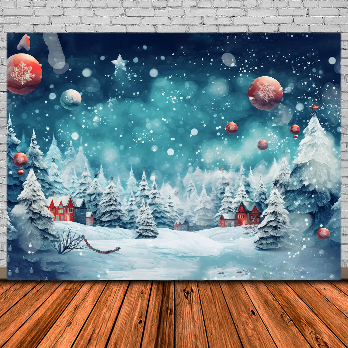 Toile de Fond de Forêt Enneigée avec Ornements de Noël RR8-153