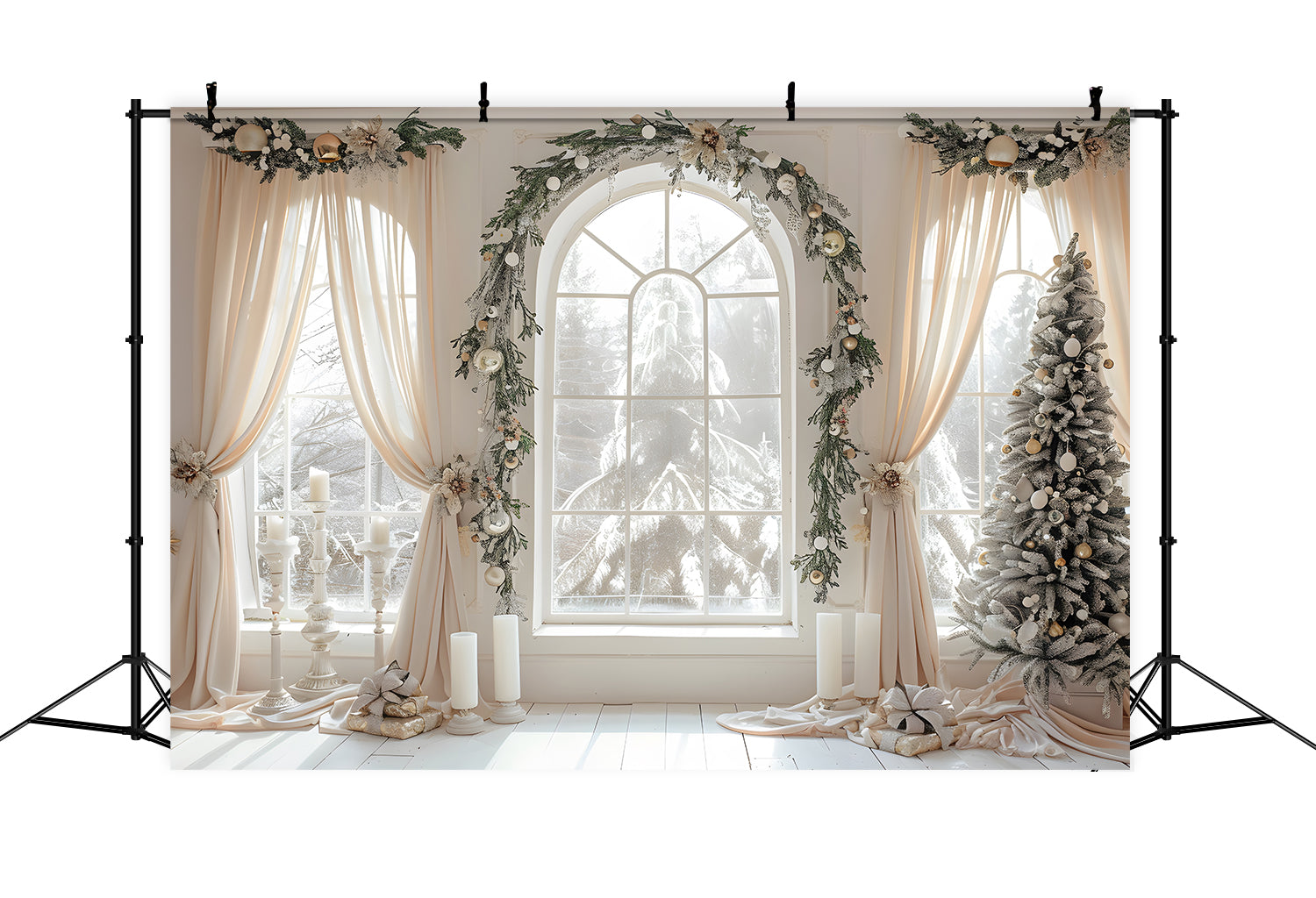 Toile de Fond Élégante de Fenêtres avec Rideaux de Noël RR8-222