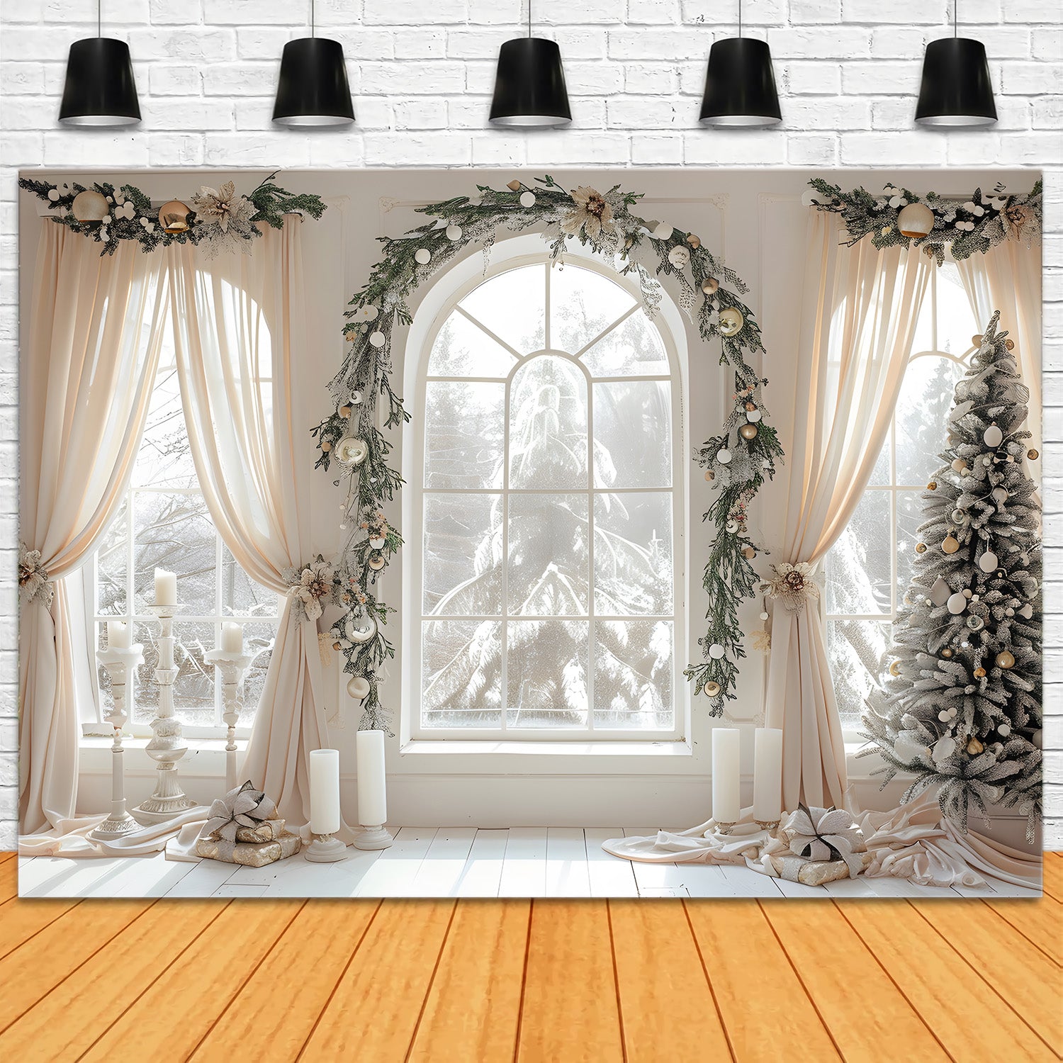 Toile de Fond Élégante de Fenêtres avec Rideaux de Noël RR8-222