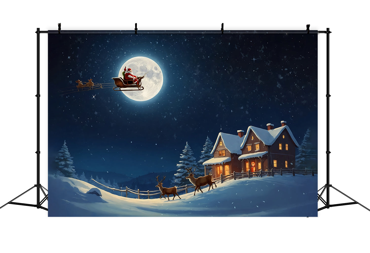 Toile de Fond de Traîneau du Père Noël au-dessus du Village au Clair de Lune RR8-235