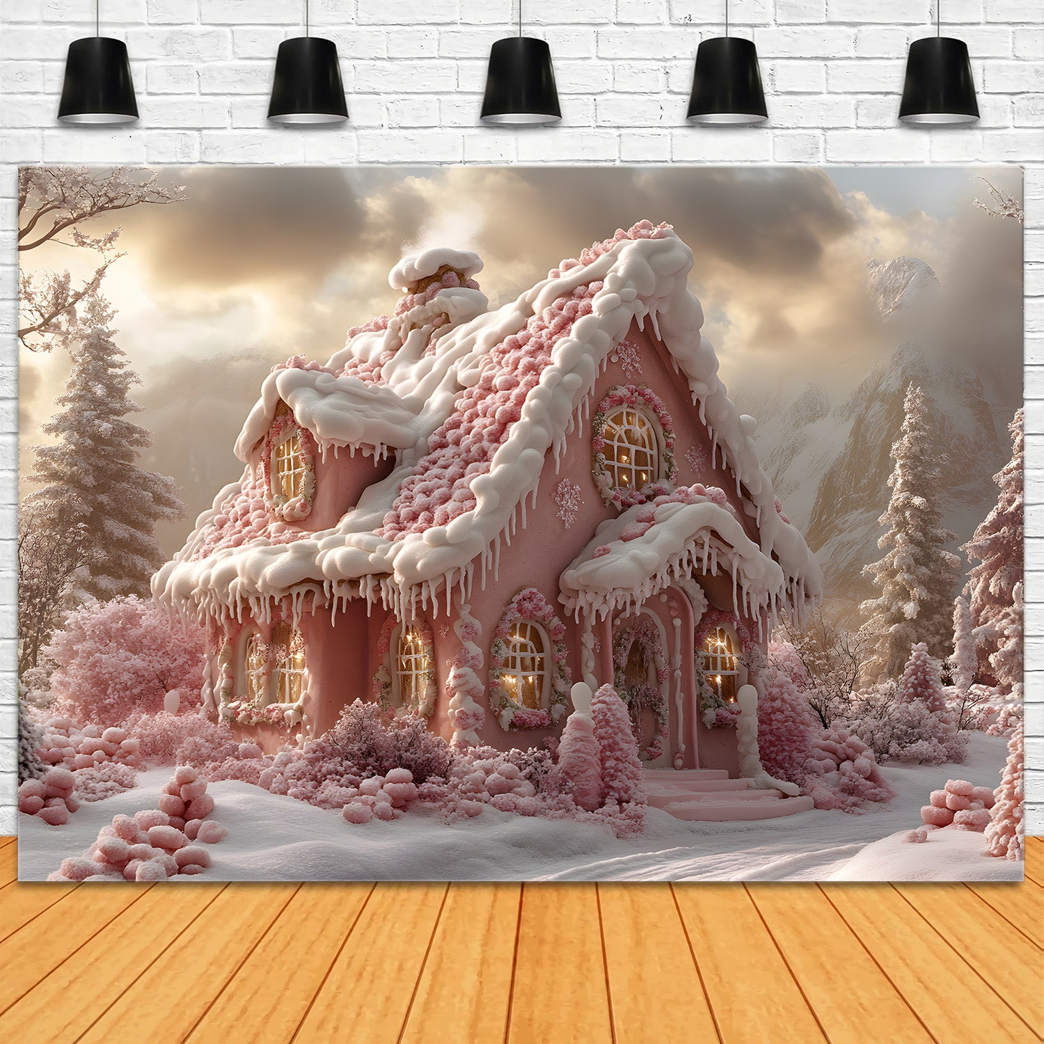 Toile de Fond de Chalet en Pain d'Épices avec Douceurs de Noël RR8-246